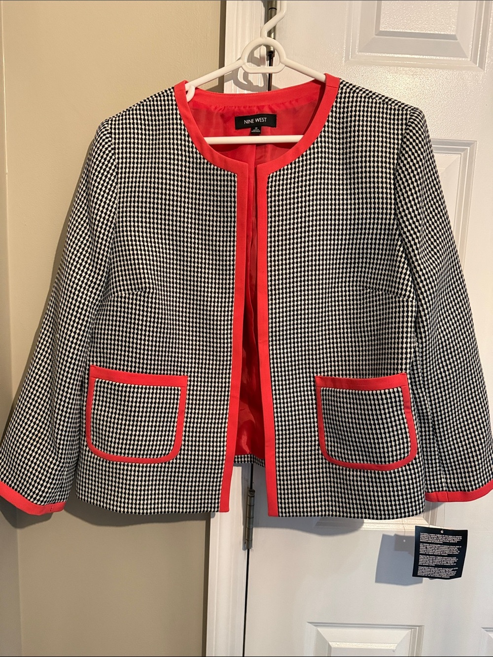 Nine West Black & White Houndstooth Jacket with Coral Trim